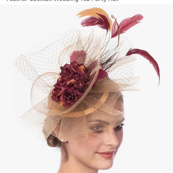 Chic Tan and Red Feather Fascinator Hat - Picture 3 of 5